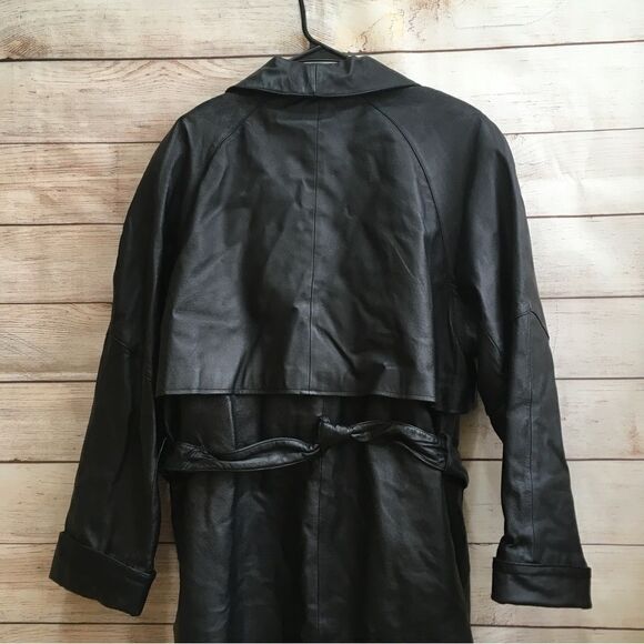 VINTAGE LIZ BAKER ESSENTIALS BLACK LEATHER FULL LENGTH TRENCH COAT - Picture 8 of 12